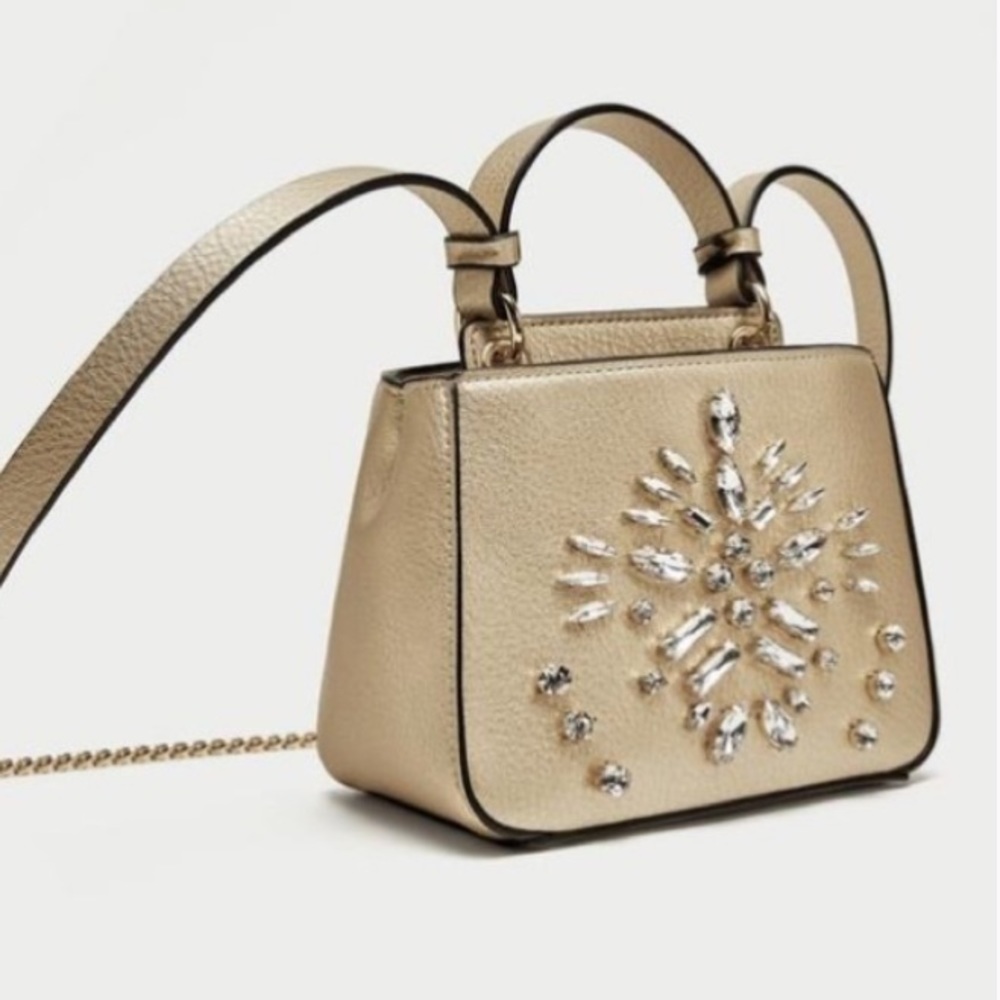 Zara Gold Metallic Embellished Crossbody Bag